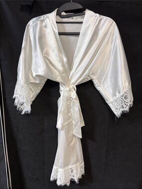 Satin Lace-Trim Robe — White Tie-Front